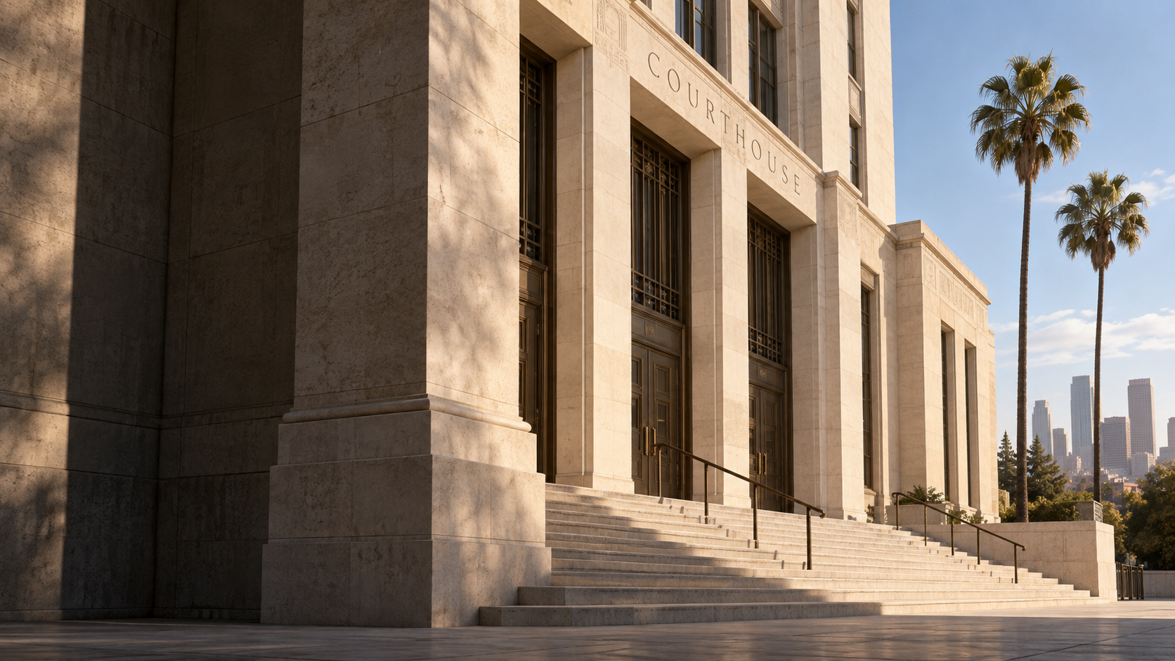 Illustrative California courthouse architecture with palm trees